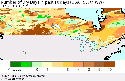 Canada Number of Dry Days in past 10 days (USAF 557th WW) Thematic Map For 6/26/2023 - 6/30/2023