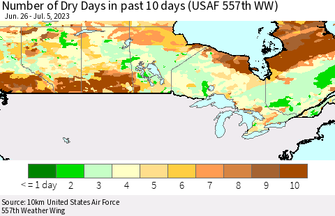 Canada Number of Dry Days in past 10 days (USAF 557th WW) Thematic Map For 7/1/2023 - 7/5/2023