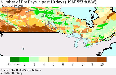 Canada Number of Dry Days in past 10 days (USAF 557th WW) Thematic Map For 7/6/2023 - 7/10/2023