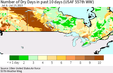 Canada Number of Dry Days in past 10 days (USAF 557th WW) Thematic Map For 7/11/2023 - 7/15/2023
