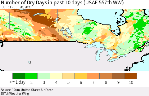 Canada Number of Dry Days in past 10 days (USAF 557th WW) Thematic Map For 7/16/2023 - 7/20/2023