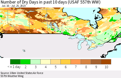 Canada Number of Dry Days in past 10 days (USAF 557th WW) Thematic Map For 7/21/2023 - 7/25/2023
