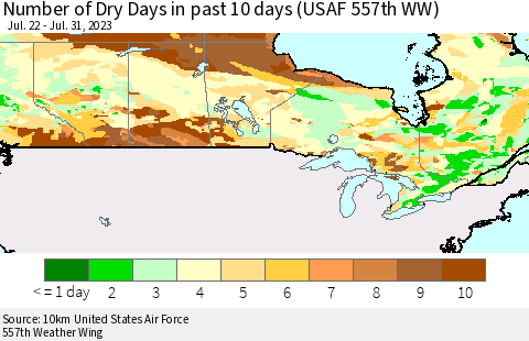 Canada Number of Dry Days in past 10 days (USAF 557th WW) Thematic Map For 7/26/2023 - 7/31/2023