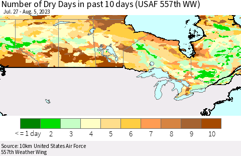 Canada Number of Dry Days in past 10 days (USAF 557th WW) Thematic Map For 8/1/2023 - 8/5/2023