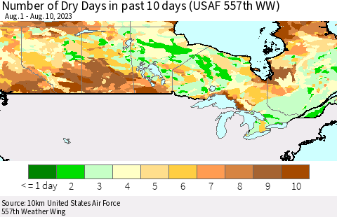 Canada Number of Dry Days in past 10 days (USAF 557th WW) Thematic Map For 8/6/2023 - 8/10/2023