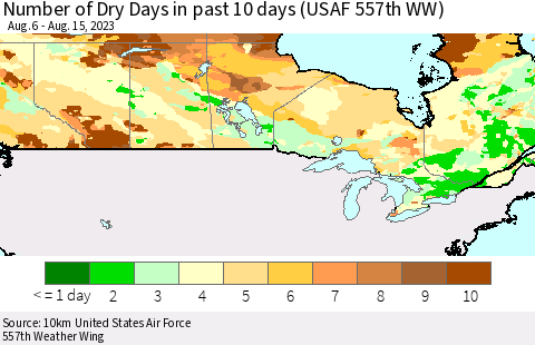 Canada Number of Dry Days in past 10 days (USAF 557th WW) Thematic Map For 8/11/2023 - 8/15/2023