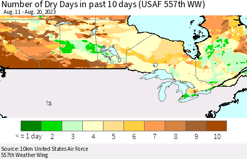 Canada Number of Dry Days in past 10 days (USAF 557th WW) Thematic Map For 8/16/2023 - 8/20/2023