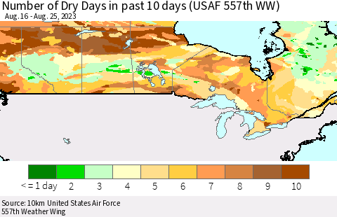 Canada Number of Dry Days in past 10 days (USAF 557th WW) Thematic Map For 8/21/2023 - 8/25/2023