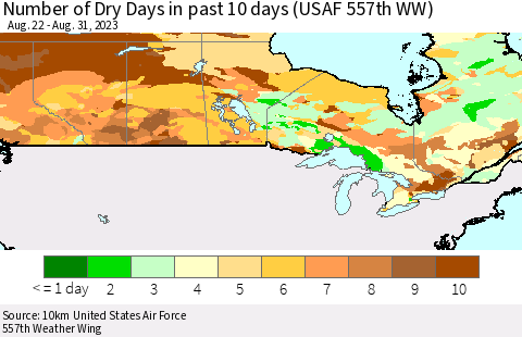 Canada Number of Dry Days in past 10 days (USAF 557th WW) Thematic Map For 8/26/2023 - 8/31/2023