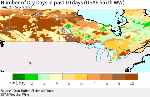 Canada Number of Dry Days in past 10 days (USAF 557th WW) Thematic Map For 9/1/2023 - 9/5/2023