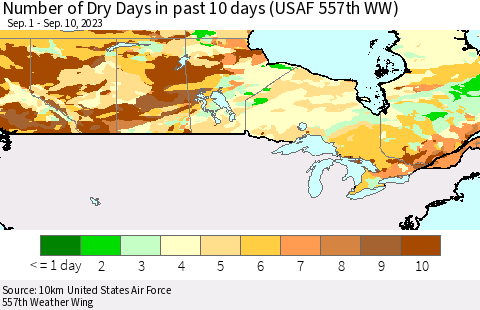 Canada Number of Dry Days in past 10 days (USAF 557th WW) Thematic Map For 9/6/2023 - 9/10/2023