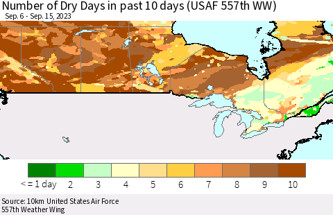 Canada Number of Dry Days in past 10 days (USAF 557th WW) Thematic Map For 9/11/2023 - 9/15/2023