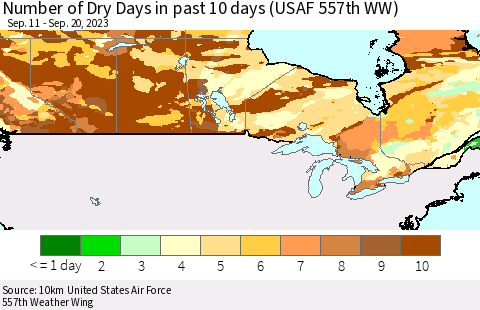 Canada Number of Dry Days in past 10 days (USAF 557th WW) Thematic Map For 9/16/2023 - 9/20/2023