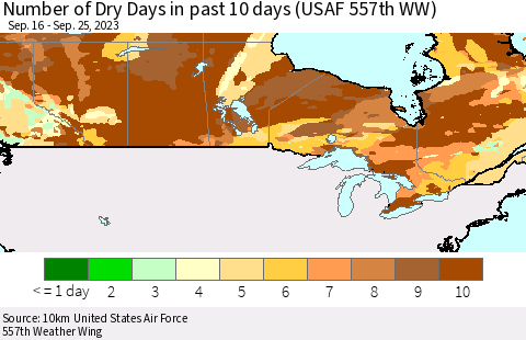 Canada Number of Dry Days in past 10 days (USAF 557th WW) Thematic Map For 9/21/2023 - 9/25/2023