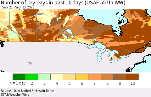 Canada Number of Dry Days in past 10 days (USAF 557th WW) Thematic Map For 9/26/2023 - 9/30/2023