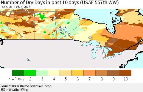 Canada Number of Dry Days in past 10 days (USAF 557th WW) Thematic Map For 10/1/2023 - 10/5/2023