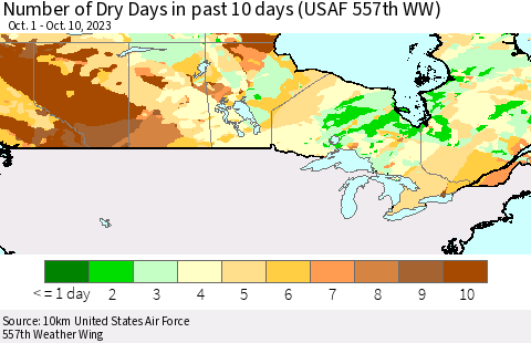 Canada Number of Dry Days in past 10 days (USAF 557th WW) Thematic Map For 10/6/2023 - 10/10/2023
