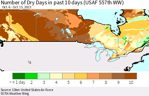 Canada Number of Dry Days in past 10 days (USAF 557th WW) Thematic Map For 10/11/2023 - 10/15/2023