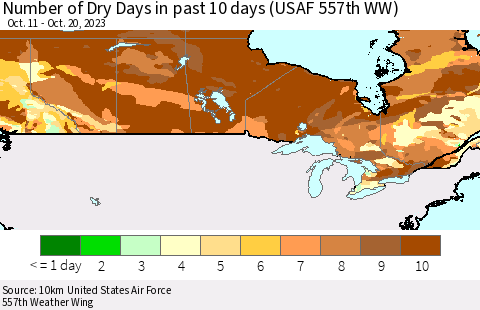Canada Number of Dry Days in past 10 days (USAF 557th WW) Thematic Map For 10/16/2023 - 10/20/2023