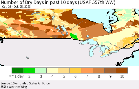 Canada Number of Dry Days in past 10 days (USAF 557th WW) Thematic Map For 10/21/2023 - 10/25/2023