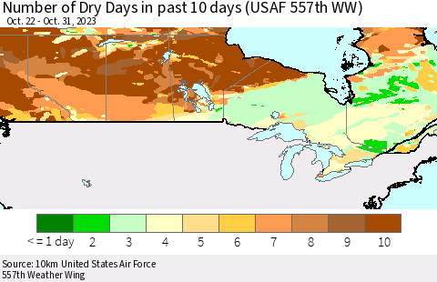 Canada Number of Dry Days in past 10 days (USAF 557th WW) Thematic Map For 10/26/2023 - 10/31/2023