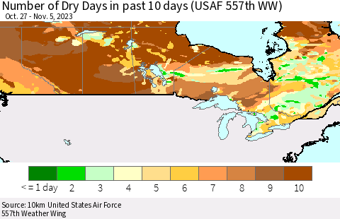 Canada Number of Dry Days in past 10 days (USAF 557th WW) Thematic Map For 11/1/2023 - 11/5/2023