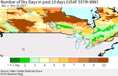 Canada Number of Dry Days in past 10 days (USAF 557th WW) Thematic Map For 11/6/2023 - 11/10/2023