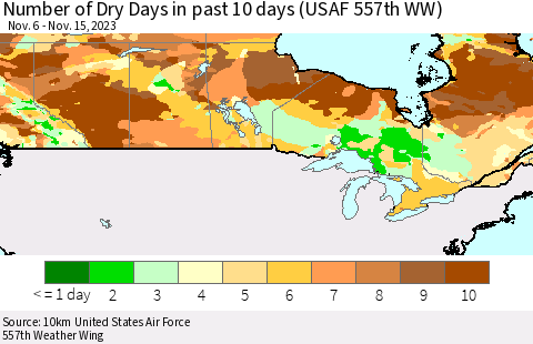Canada Number of Dry Days in past 10 days (USAF 557th WW) Thematic Map For 11/11/2023 - 11/15/2023