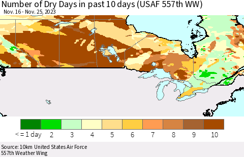 Canada Number of Dry Days in past 10 days (USAF 557th WW) Thematic Map For 11/21/2023 - 11/25/2023