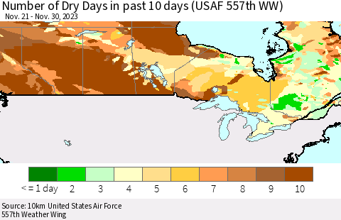 Canada Number of Dry Days in past 10 days (USAF 557th WW) Thematic Map For 11/26/2023 - 11/30/2023