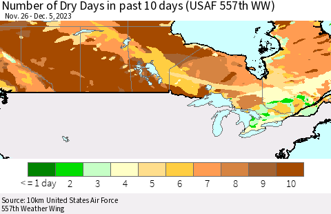 Canada Number of Dry Days in past 10 days (USAF 557th WW) Thematic Map For 12/1/2023 - 12/5/2023