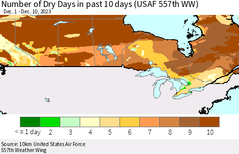 Canada Number of Dry Days in past 10 days (USAF 557th WW) Thematic Map For 12/6/2023 - 12/10/2023