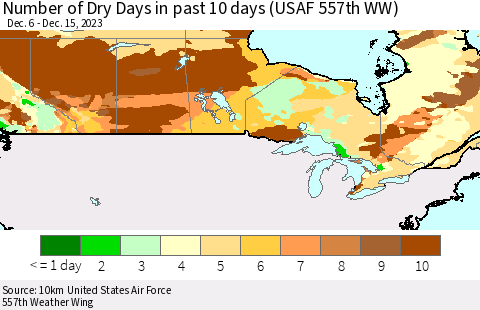 Canada Number of Dry Days in past 10 days (USAF 557th WW) Thematic Map For 12/11/2023 - 12/15/2023