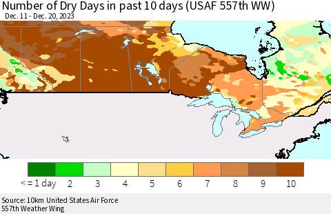 Canada Number of Dry Days in past 10 days (USAF 557th WW) Thematic Map For 12/16/2023 - 12/20/2023