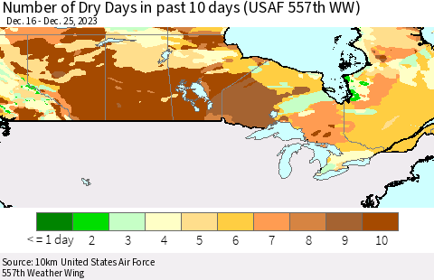 Canada Number of Dry Days in past 10 days (USAF 557th WW) Thematic Map For 12/21/2023 - 12/25/2023