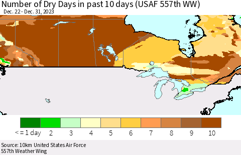 Canada Number of Dry Days in past 10 days (USAF 557th WW) Thematic Map For 12/26/2023 - 12/31/2023