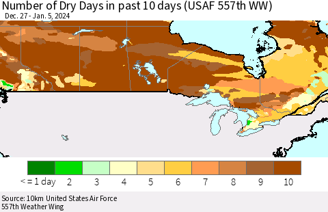 Canada Number of Dry Days in past 10 days (USAF 557th WW) Thematic Map For 1/1/2024 - 1/5/2024