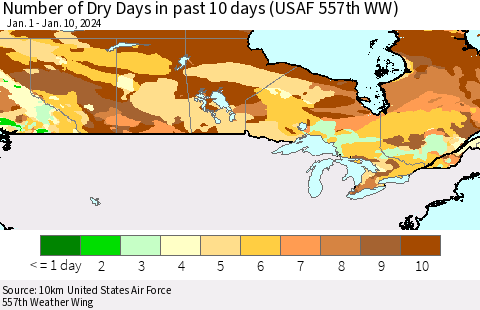 Canada Number of Dry Days in past 10 days (USAF 557th WW) Thematic Map For 1/6/2024 - 1/10/2024