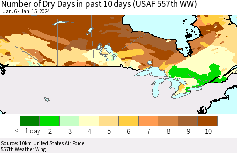 Canada Number of Dry Days in past 10 days (USAF 557th WW) Thematic Map For 1/11/2024 - 1/15/2024