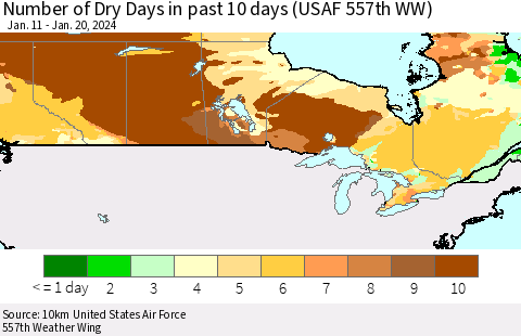 Canada Number of Dry Days in past 10 days (USAF 557th WW) Thematic Map For 1/16/2024 - 1/20/2024