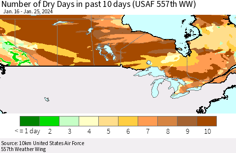 Canada Number of Dry Days in past 10 days (USAF 557th WW) Thematic Map For 1/21/2024 - 1/25/2024