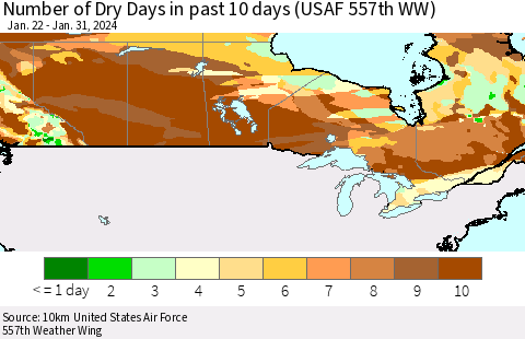 Canada Number of Dry Days in past 10 days (USAF 557th WW) Thematic Map For 1/26/2024 - 1/31/2024
