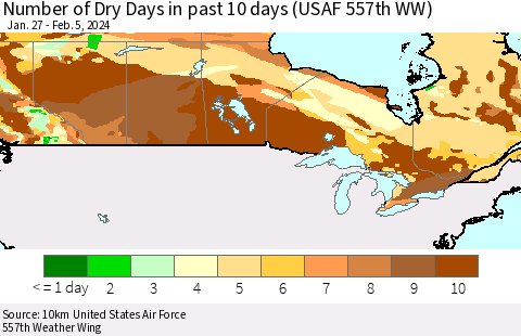 Canada Number of Dry Days in past 10 days (USAF 557th WW) Thematic Map For 2/1/2024 - 2/5/2024
