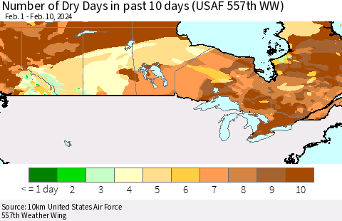 Canada Number of Dry Days in past 10 days (USAF 557th WW) Thematic Map For 2/6/2024 - 2/10/2024
