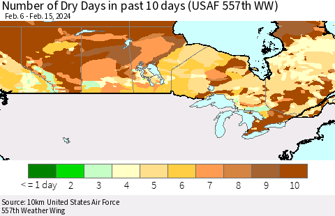 Canada Number of Dry Days in past 10 days (USAF 557th WW) Thematic Map For 2/11/2024 - 2/15/2024