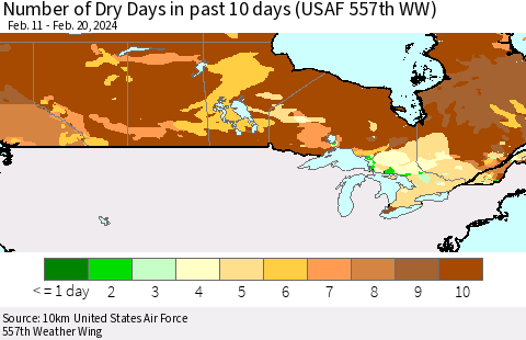 Canada Number of Dry Days in past 10 days (USAF 557th WW) Thematic Map For 2/16/2024 - 2/20/2024