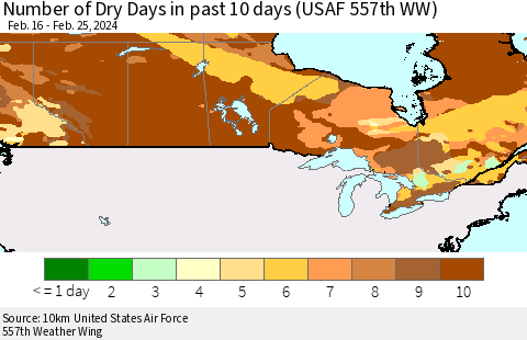 Canada Number of Dry Days in past 10 days (USAF 557th WW) Thematic Map For 2/21/2024 - 2/25/2024