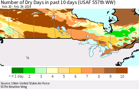 Canada Number of Dry Days in past 10 days (USAF 557th WW) Thematic Map For 2/26/2024 - 2/29/2024