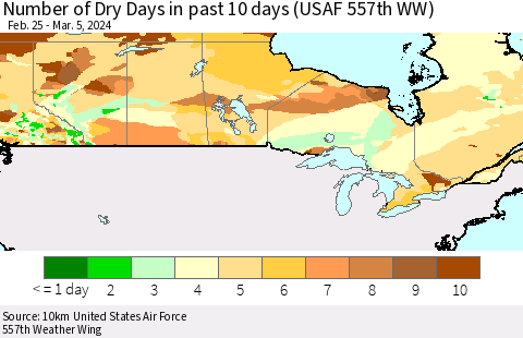 Canada Number of Dry Days in past 10 days (USAF 557th WW) Thematic Map For 3/1/2024 - 3/5/2024