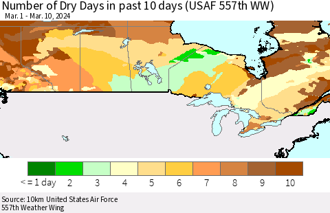 Canada Number of Dry Days in past 10 days (USAF 557th WW) Thematic Map For 3/6/2024 - 3/10/2024